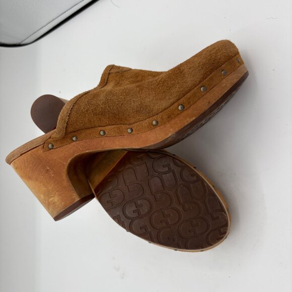UGG Women's Abbie Mule Wood Heel Clog Shearling Sherpa Shoe Brown Suede Size 7 - Picture 9 of 12